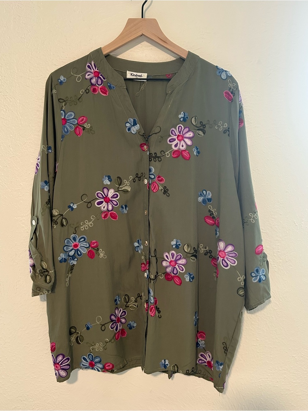 NWT Kindred Olive Floral Embroidered Button Up Shirt Art Bohemian Plus Size 2XL